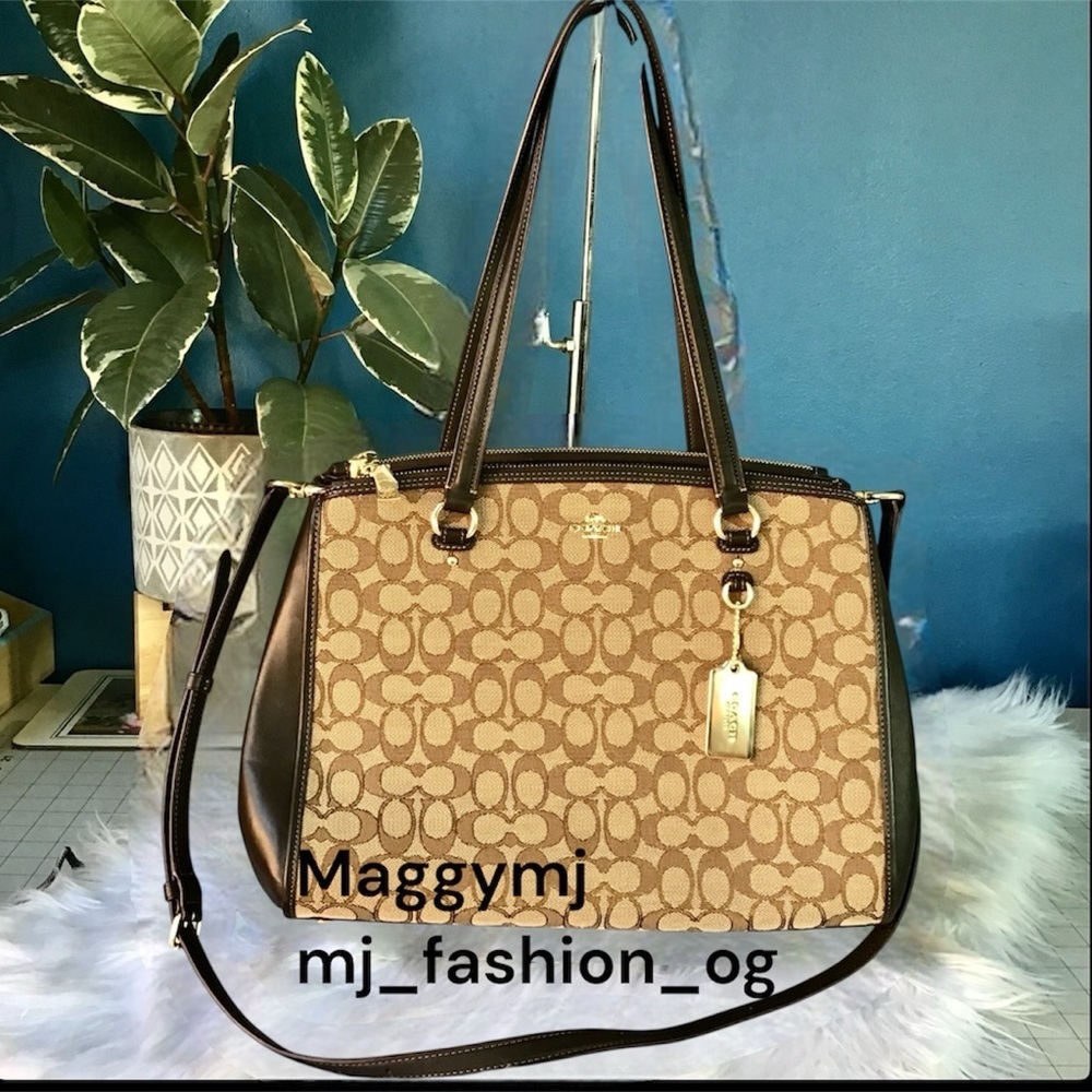 Coach 2-Way Signature Canvas Leather Handbag Shoulder Bag Beige Brown Excellent